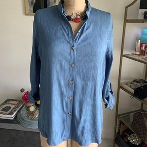 Blue Wrinkled Like Fabric Button Down Shirt